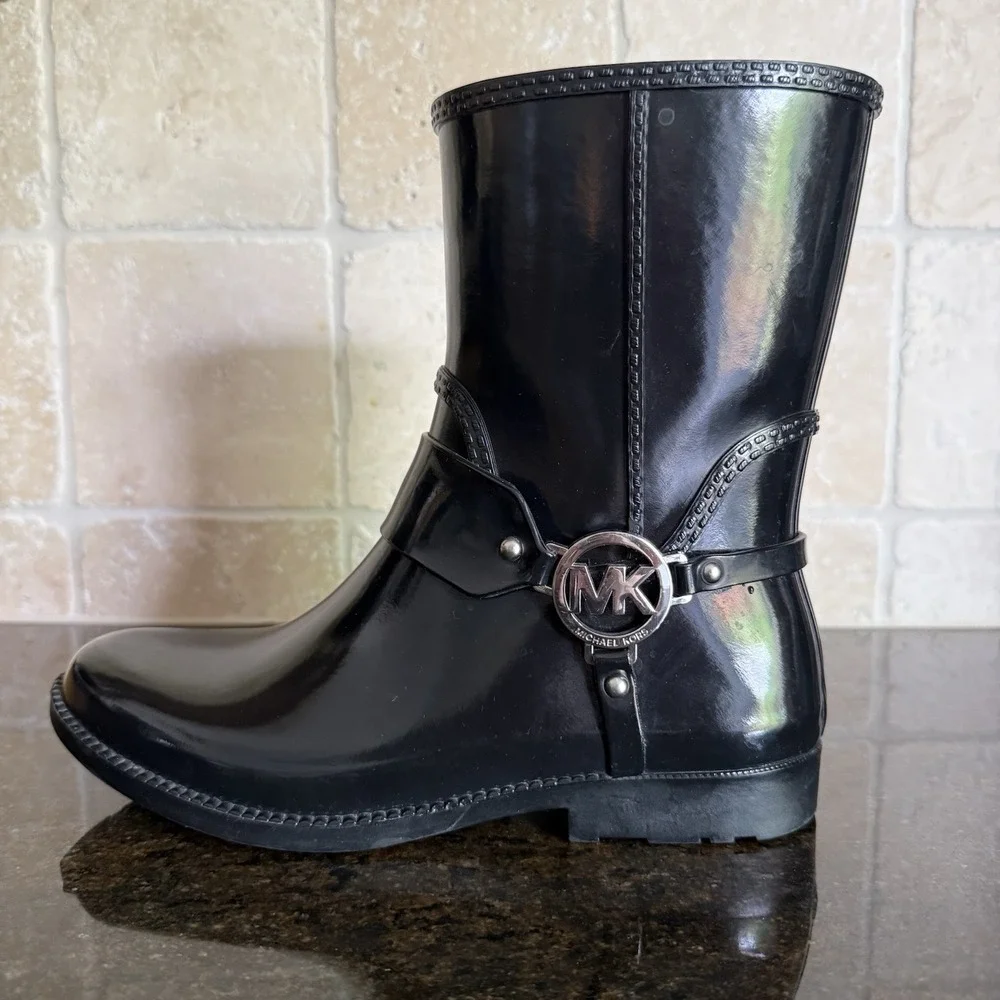 Michael Kors FULTON HARNESS Black Rain Bootie Ankle Boots Shoes US 8